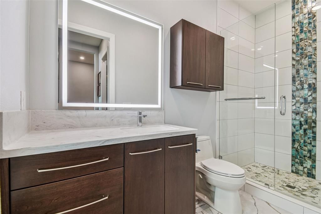 Bathroom, Glass Shower, Interior, Marble, Recessed Lighting