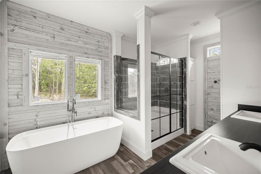 Bathroom, Free Standing Baths, Glass Shower, Interior, Wood Texture Flooring, Wooden Walls