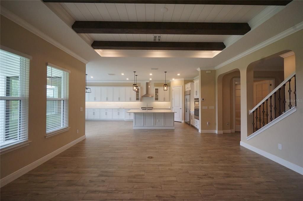 Empty room, Interior, Kitchen, Pendant Lights, Recessed Lighting, Wooden Beams, Wood Texture Flooring