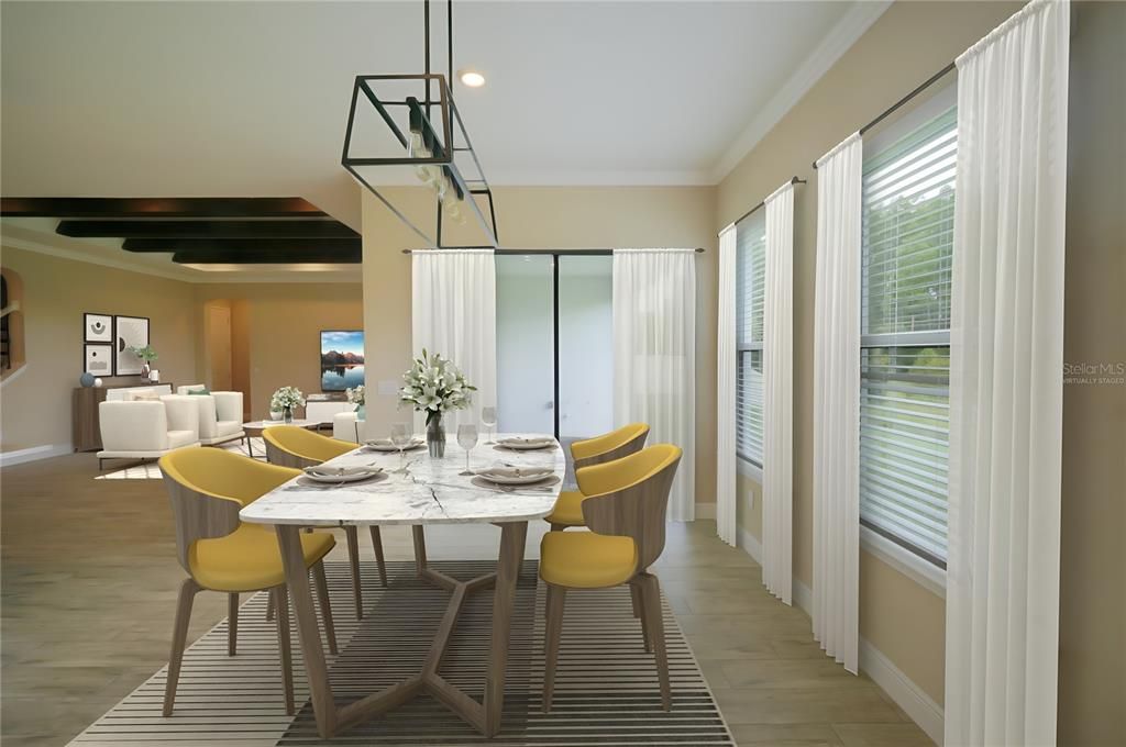 Dining room, Interior, Recessed Lighting, Wood Texture Flooring