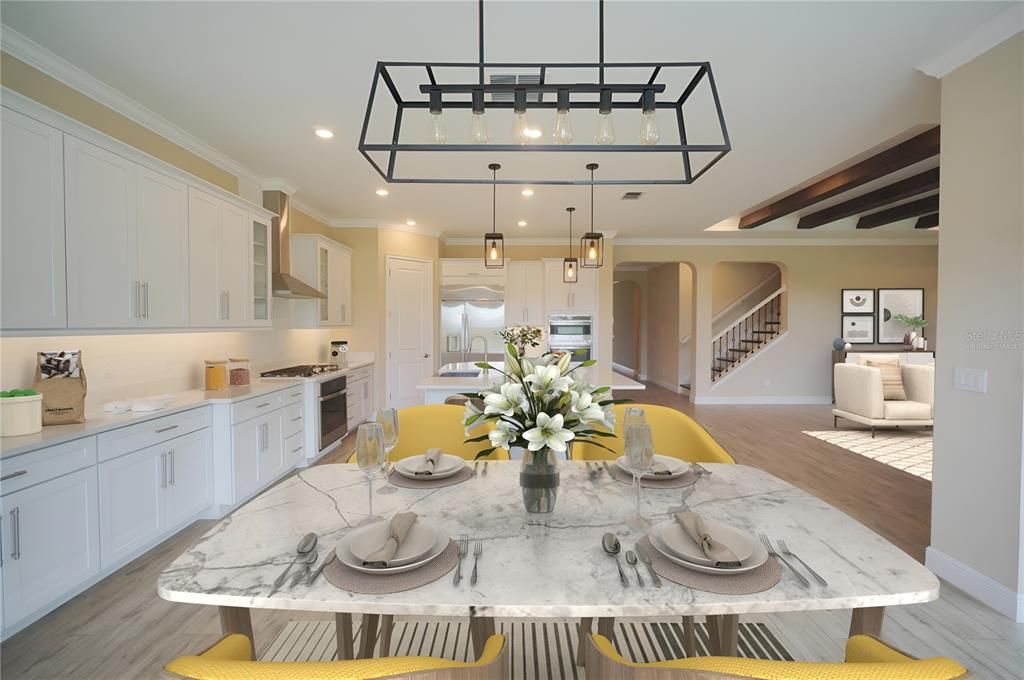 Interior, Kitchen, Pendant Lights, Recessed Lighting, Stainless Steel Appliances, Wooden Beams, Wood Texture Flooring