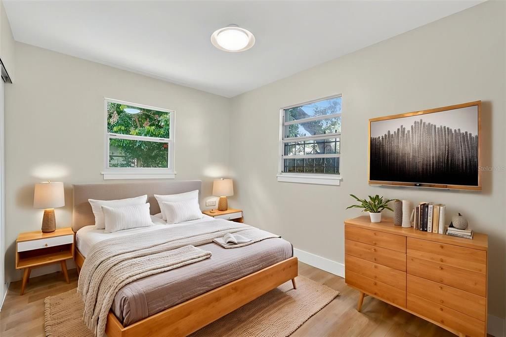 Bedroom, Interior, Recessed Lighting, Wood Texture Flooring