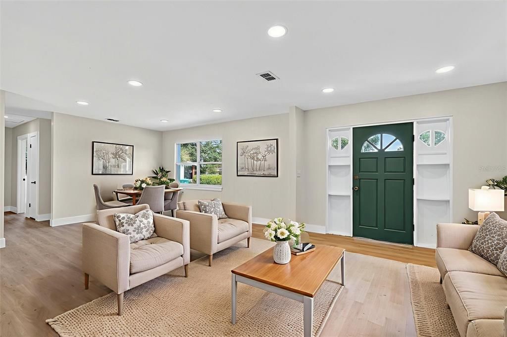 Dining room, Interior, Living room, Recessed Lighting, Wood Texture Flooring