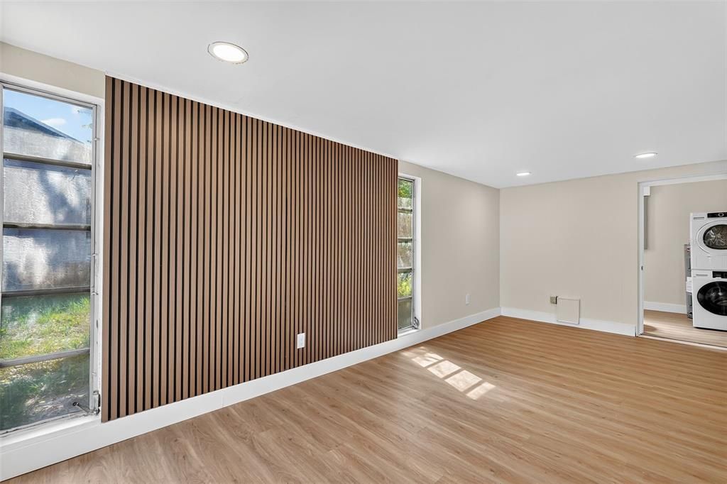 Empty room, Interior, Recessed Lighting, Utility Closets, Washer, Wood Texture Flooring