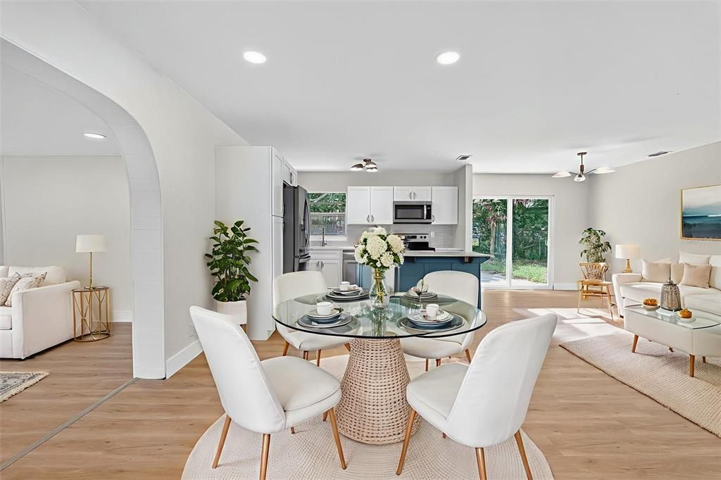 Dining room, Interior, Kitchen, Living room, Recessed Lighting, Stainless Steel Appliances, Wood Texture Flooring