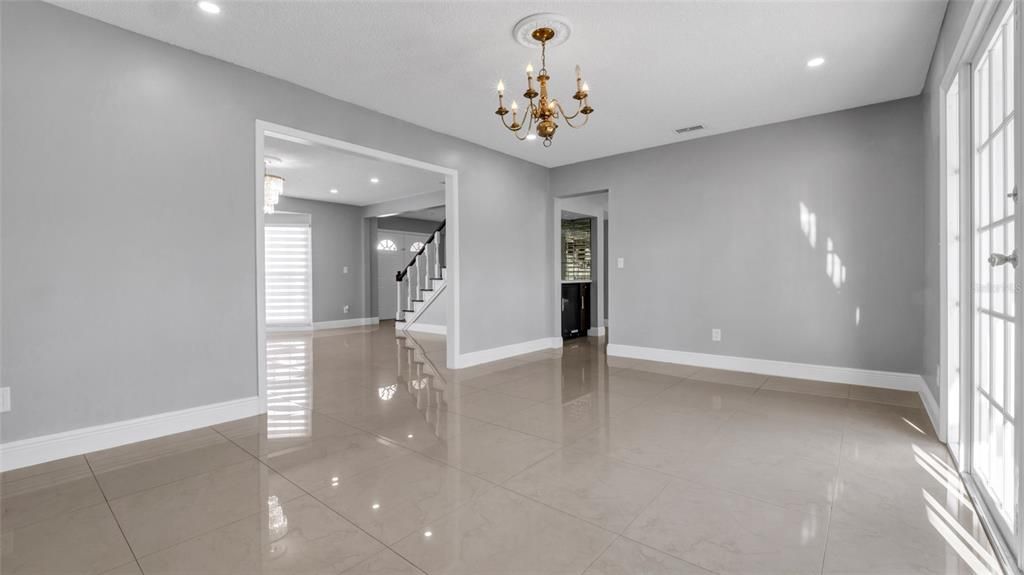 Chandelier, Empty room, Fireplace, Interior, Recessed Lighting