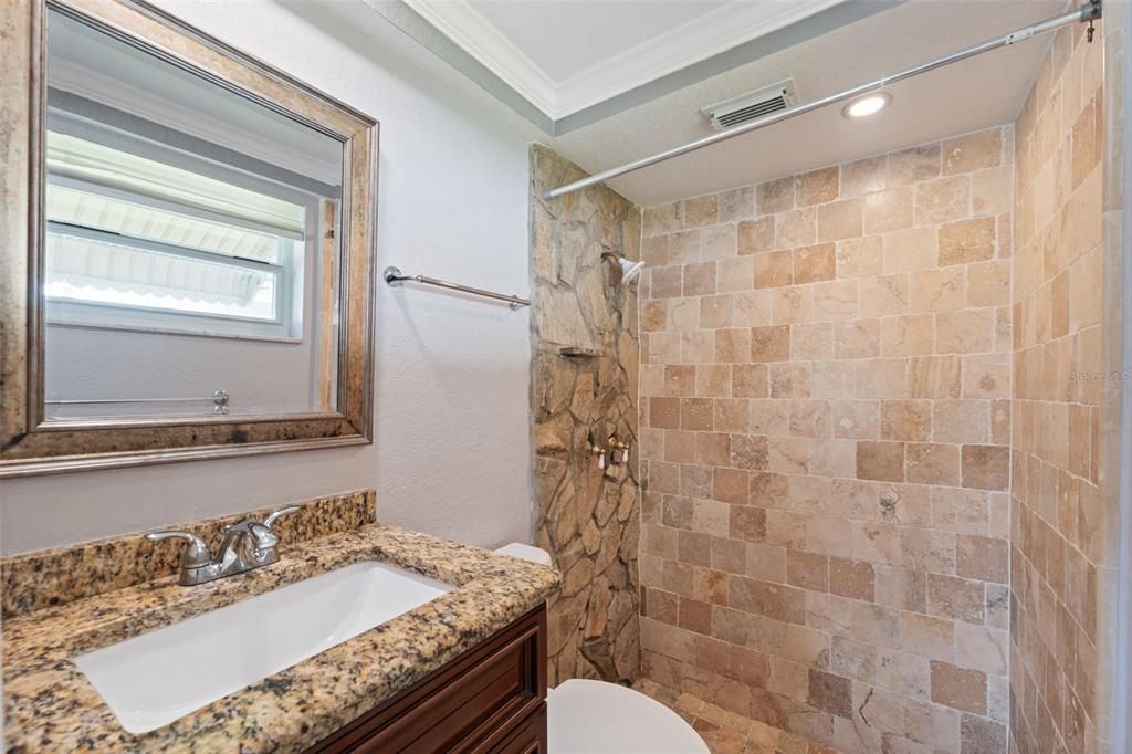 Bathroom, Interior, Recessed Lighting, Stone Walls