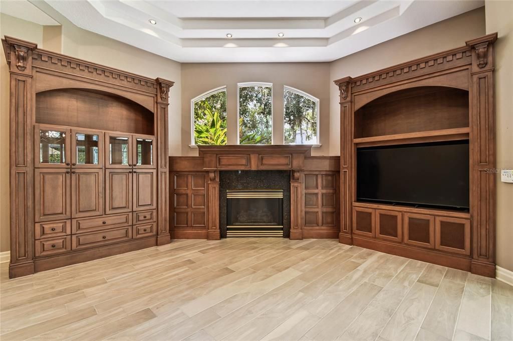 Fireplace, Interior, Recessed Lighting, Wood Texture Flooring