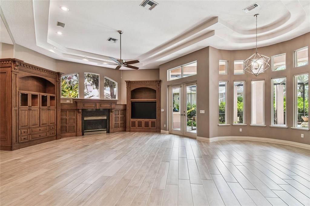 Fireplace, Interior, Pendant Lights, Recessed Lighting, Wood Texture Flooring