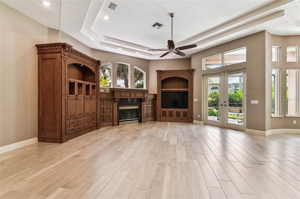 Fireplace, Interior, Recessed Lighting, Wood Texture Flooring