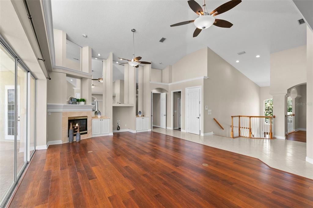 Empty room, Fireplace, Interior, Recessed Lighting, Wood Texture Flooring