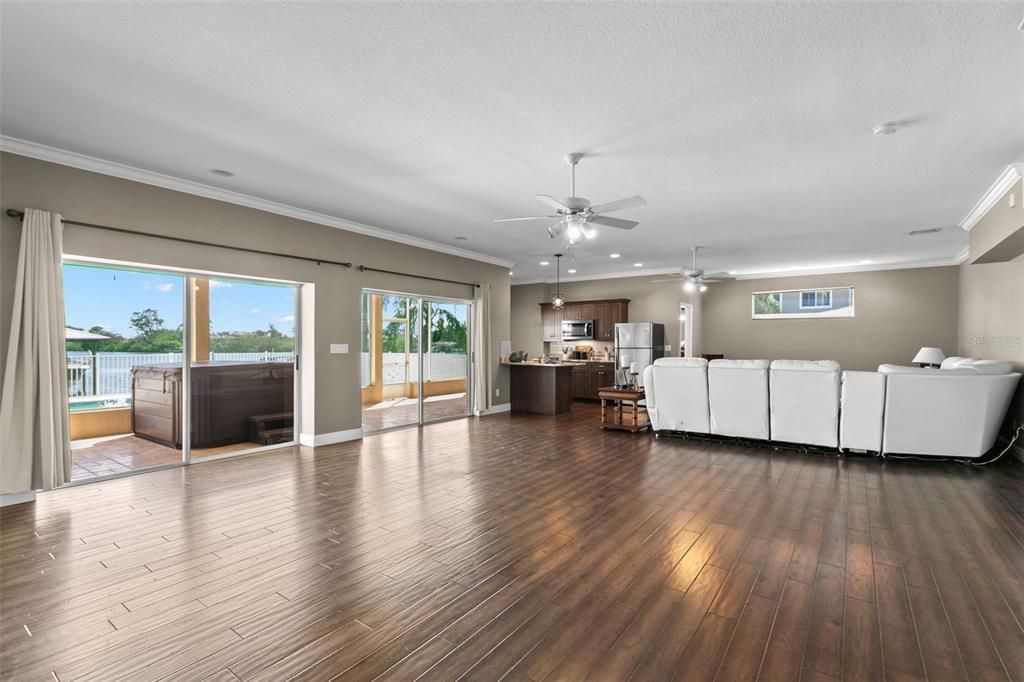 Interior, Kitchen, Living room, Pendant Lights, Recessed Lighting, Wood Texture Flooring