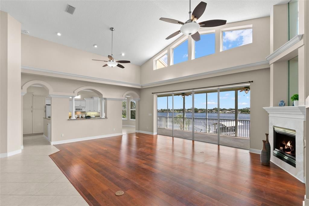 Fireplace, Interior, Recessed Lighting, Water, Wood Texture Flooring