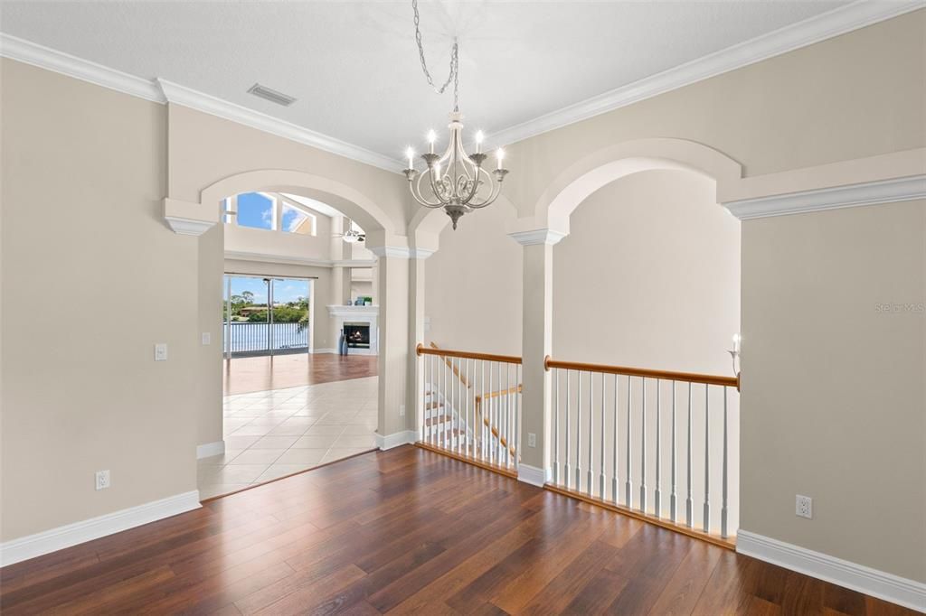 Chandelier, Empty room, Fireplace, Interior, Wood Texture Flooring