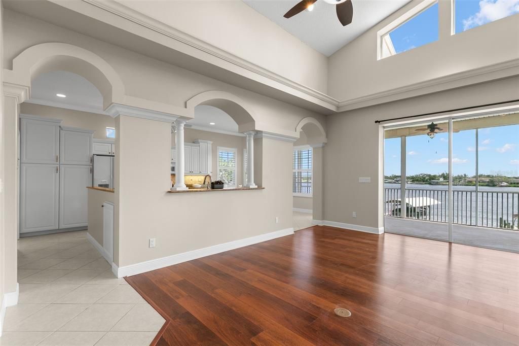 Empty room, Interior, Recessed Lighting, Water, Wood Texture Flooring