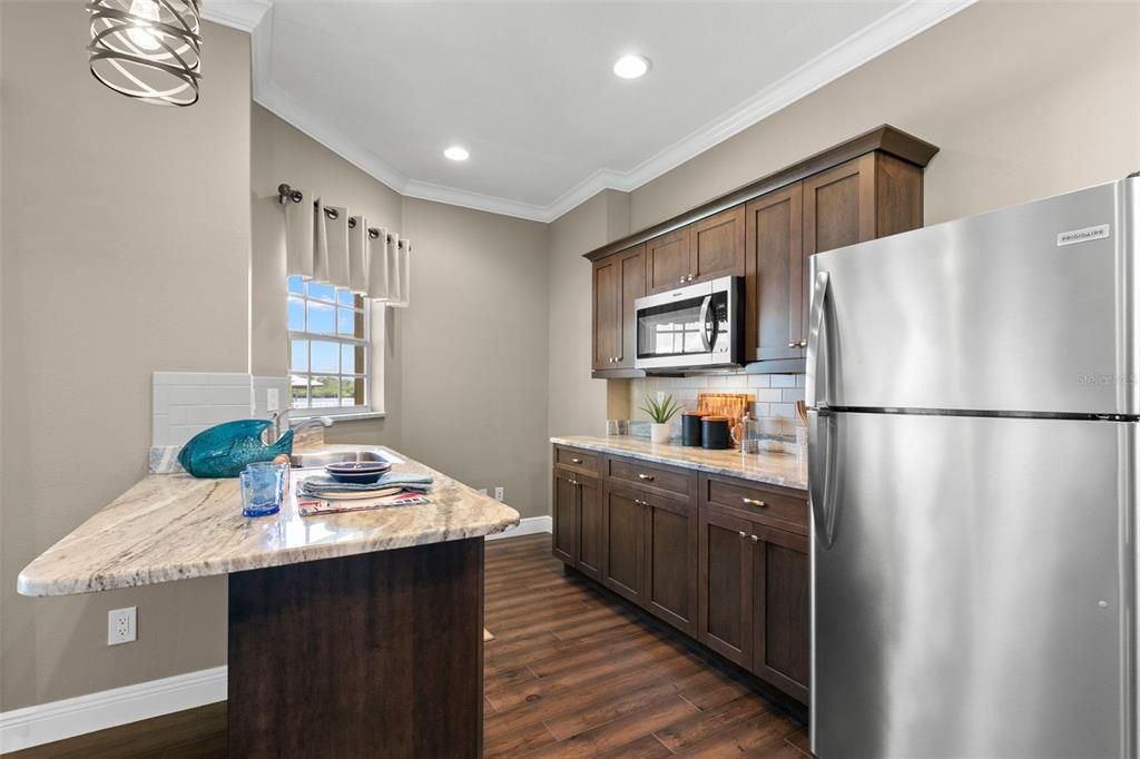 Interior, Kitchen, Recessed Lighting, Stainless Steel Appliances, Wood Texture Flooring