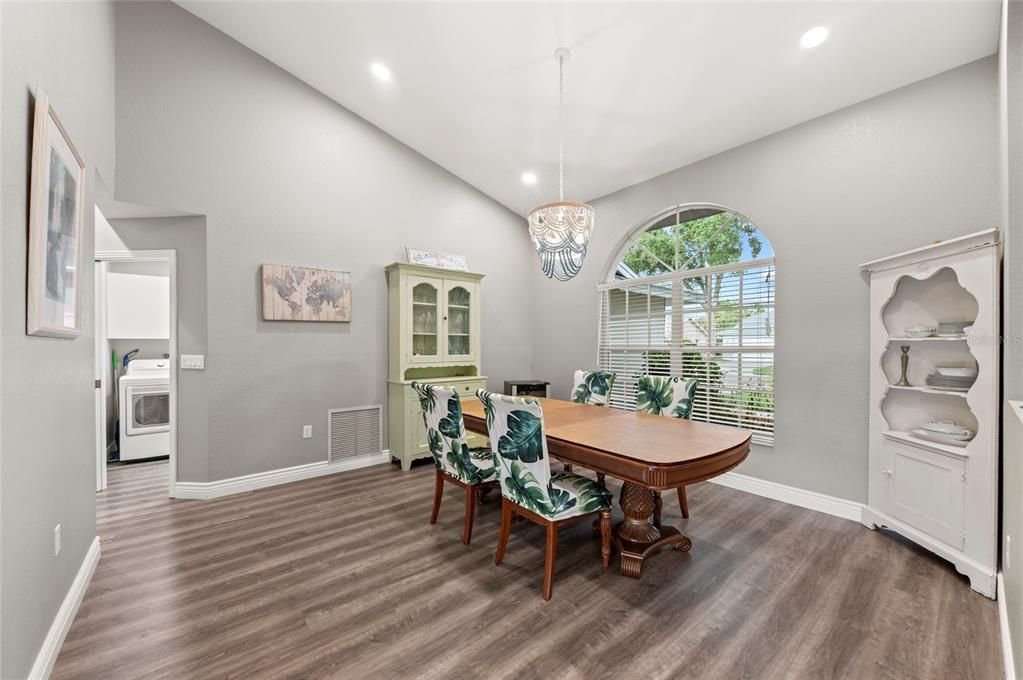 Chandelier, Home Office, Interior, Recessed Lighting, Wood Texture Flooring