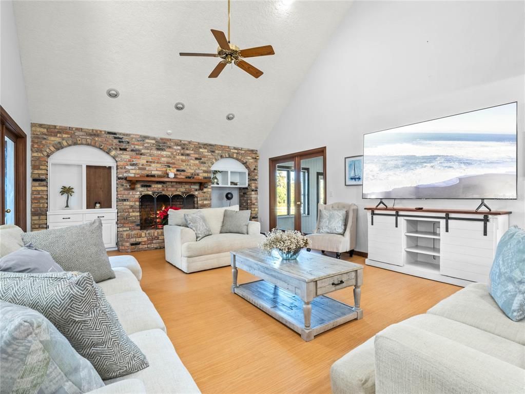 Fireplace, Interior, Living room, Stone Walls, Wood Texture Flooring