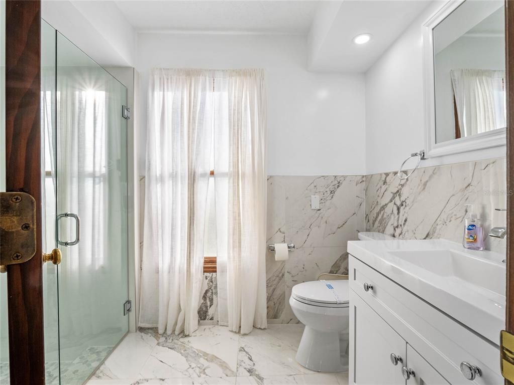 Bathroom, Glass Shower, Interior, Marble, Marble Walls, Recessed Lighting