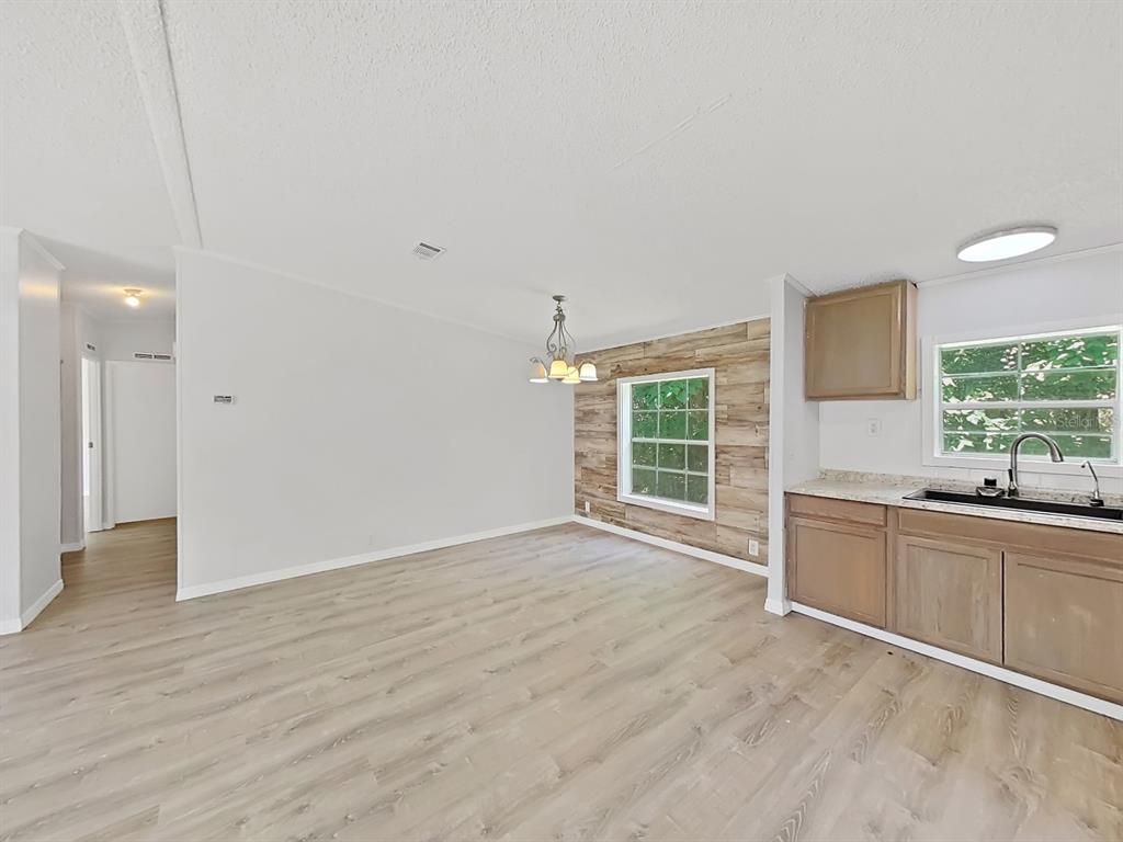 Empty room, Interior, Kitchen, Pendant Lights, Wood Texture Flooring