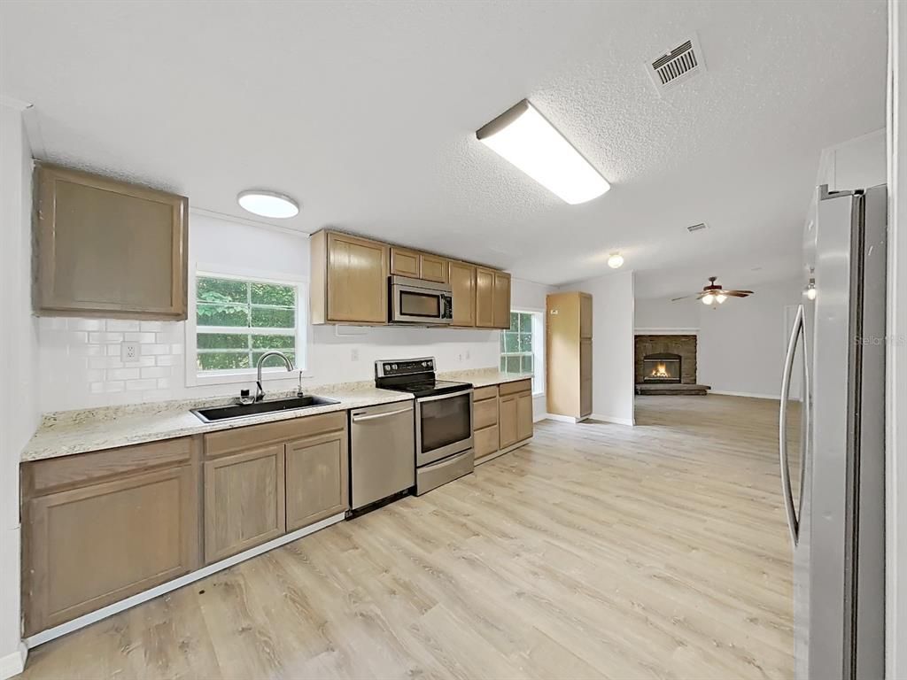 Fireplace, Interior, Kitchen, Stainless Steel Appliances, Wood Texture Flooring