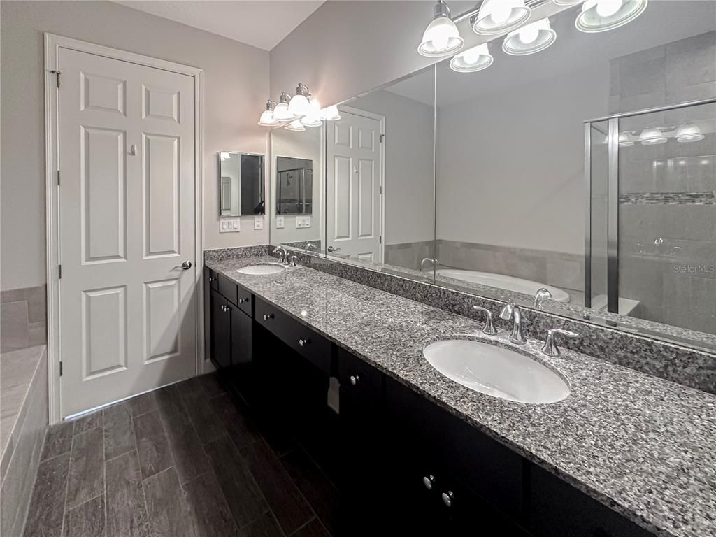 Bathroom, Dual Sink Vanities, Glass Shower, Interior, Wood Texture Flooring