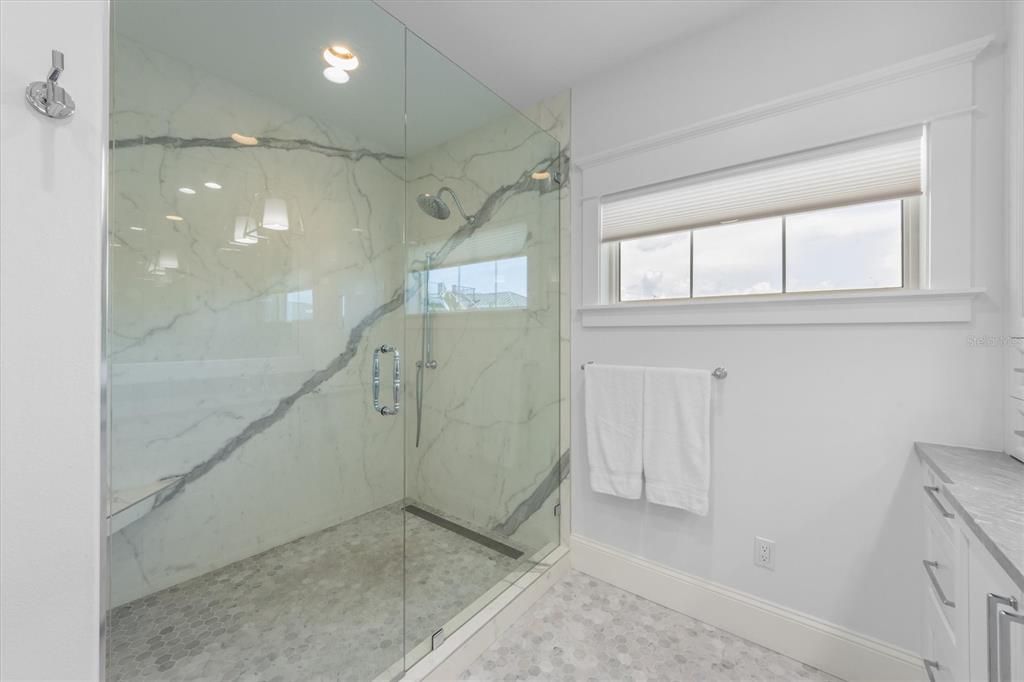 Bathroom, Glass Shower, Interior, Marble Walls, Recessed Lighting
