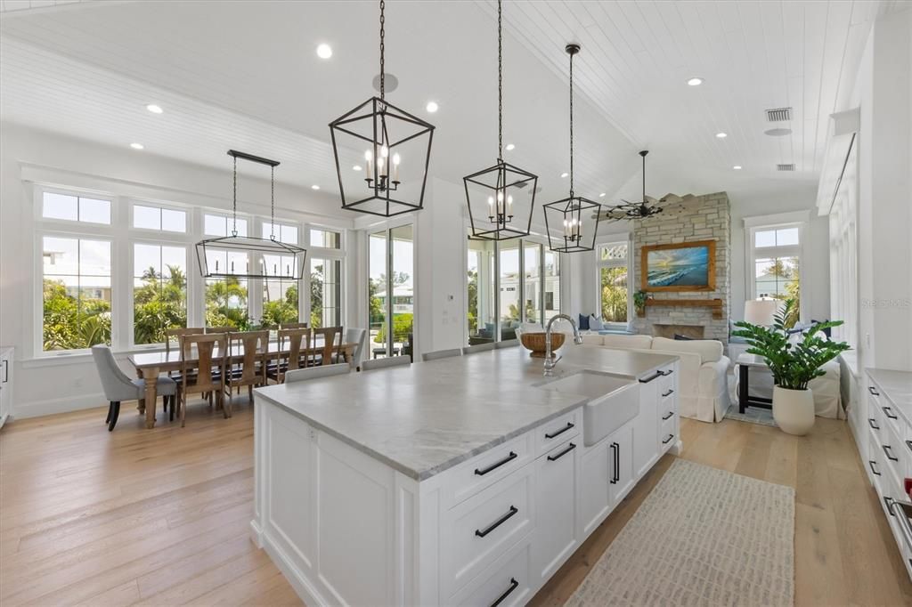 Dining room, Fireplace, Interior, Kitchen, Living room, Pendant Lights, Recessed Lighting, Stone Walls, Wood Texture Flooring