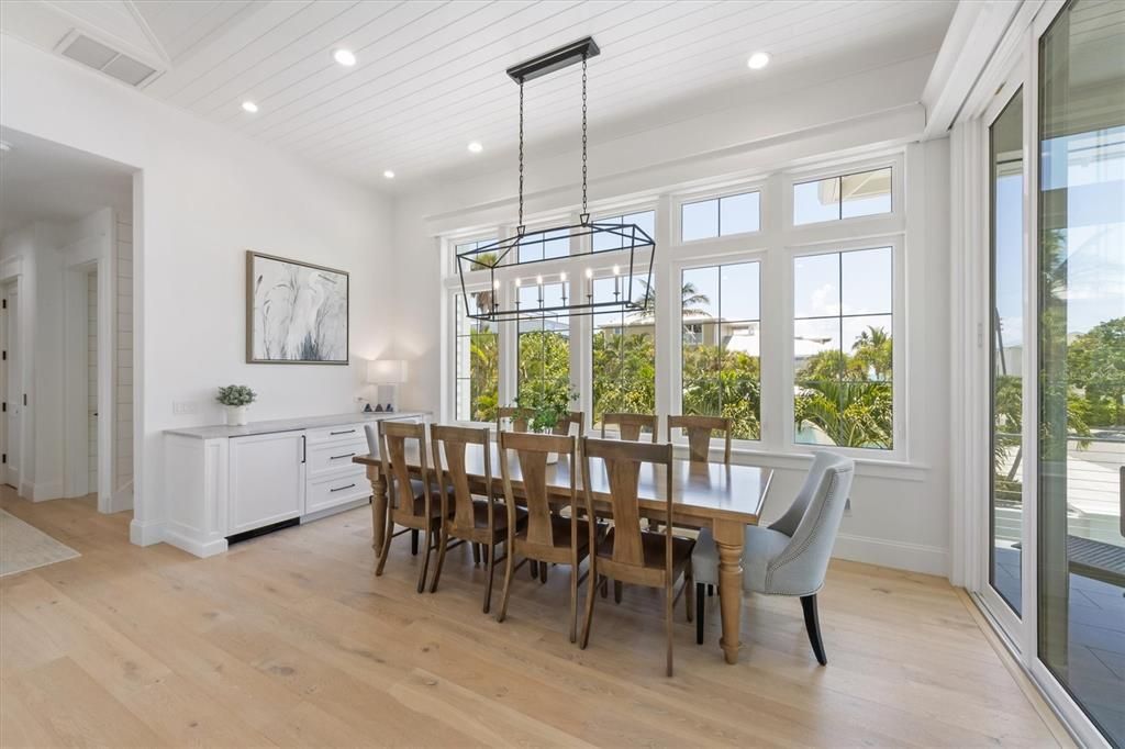 Dining room, Interior, Pendant Lights, Recessed Lighting, Wood Texture Flooring