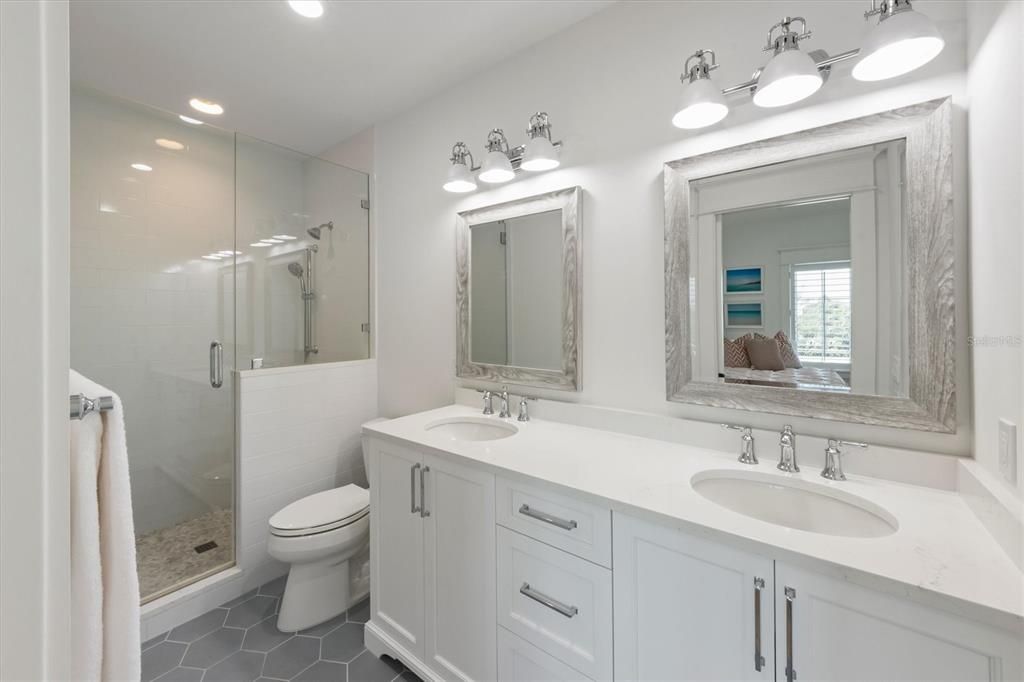 Bathroom, Dual Sink Vanities, Glass Shower, Interior, Recessed Lighting