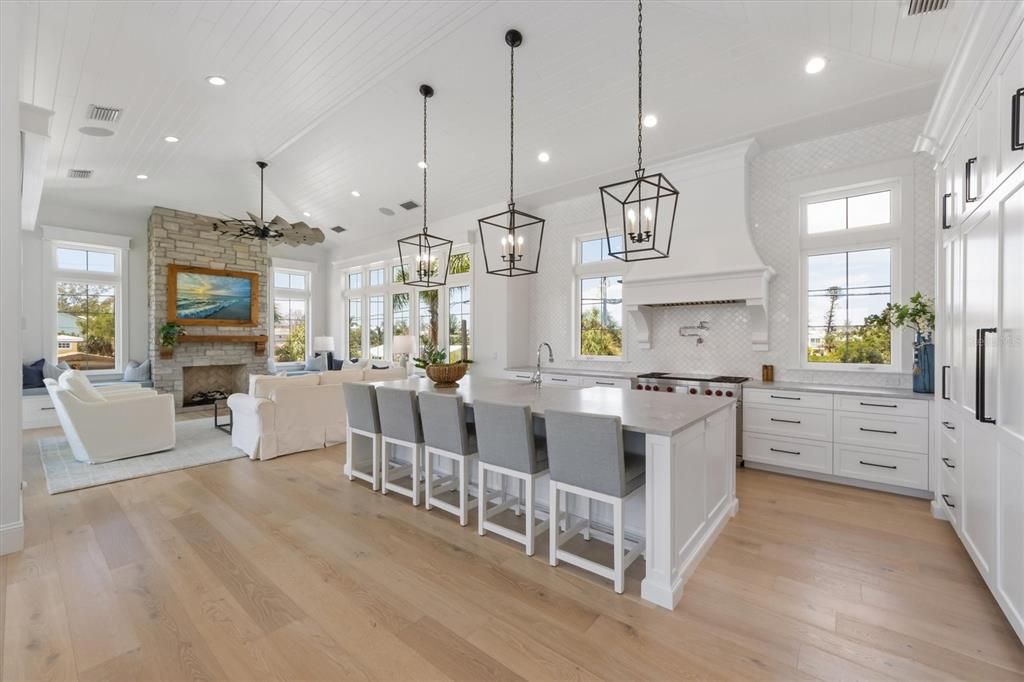 Fireplace, Interior, Kitchen, Living room, Pendant Lights, Recessed Lighting, Stone Walls, Wood Texture Flooring