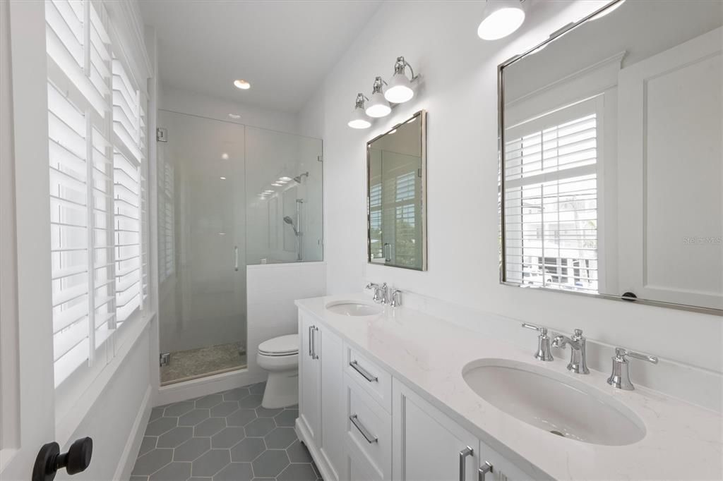 Bathroom, Dual Sink Vanities, Glass Shower, Interior, Recessed Lighting