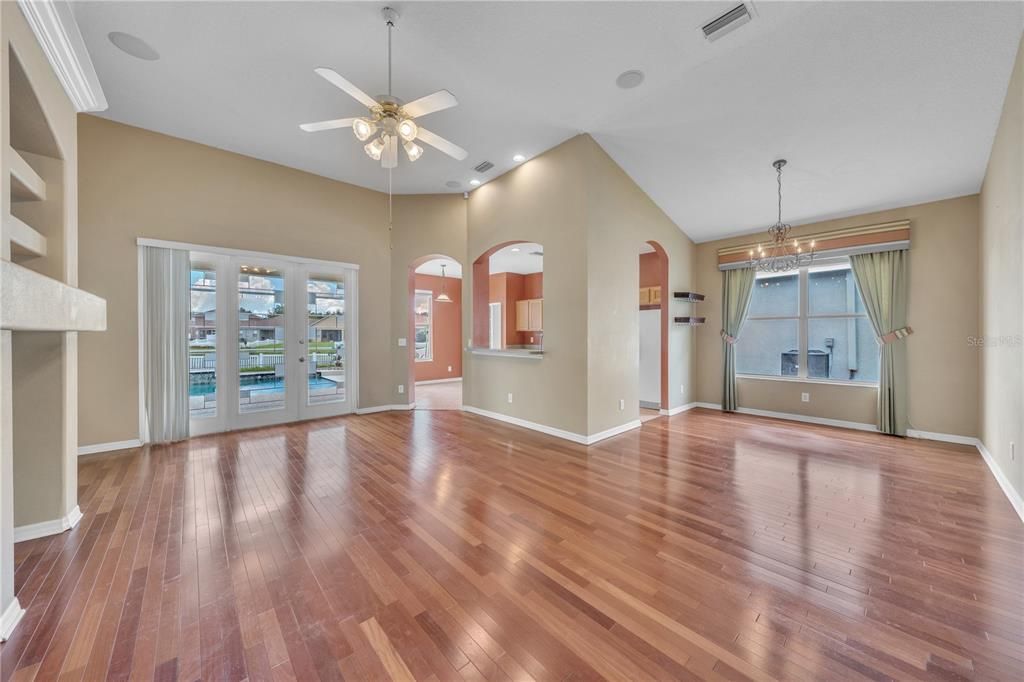 Empty room, Interior, Pendant Lights, Recessed Lighting, Wood Texture Flooring