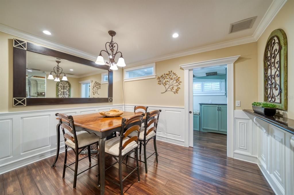 Dining room, Interior, Pendant Lights, Recessed Lighting, Wood Texture Flooring