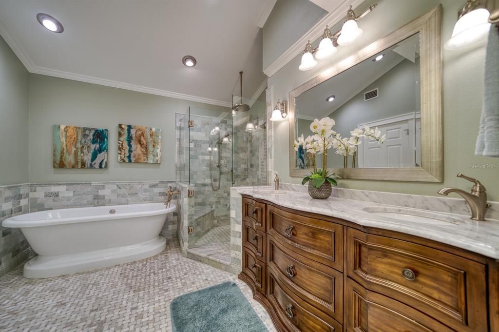 Bathroom, Dual Sink Vanities, Free Standing Baths, Glass Shower, Interior, Recessed Lighting