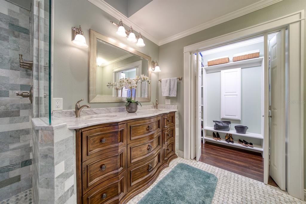 Bathroom, Dual Sink Vanities, Glass Shower, Interior, Wood Texture Flooring