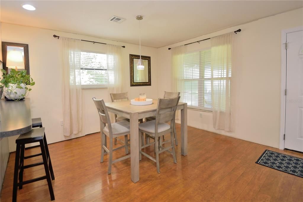Dining room, Interior, Pendant Lights, Recessed Lighting, Wood Texture Flooring