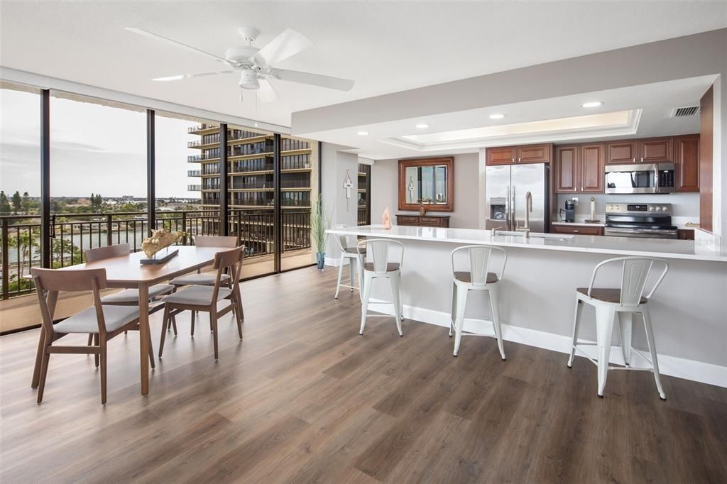 Dining room, Interior, Kitchen, Recessed Lighting, Stainless Steel Appliances, Wood Texture Flooring