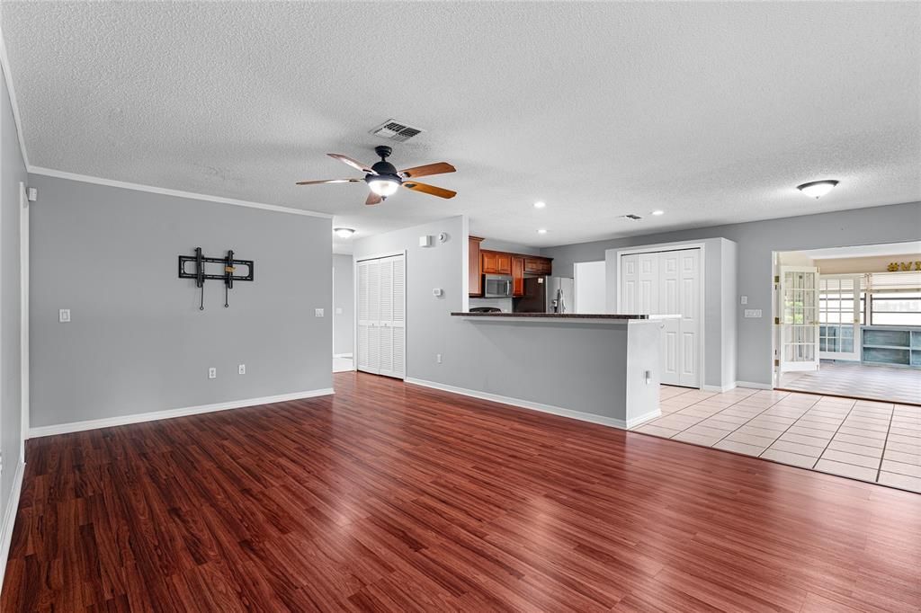 Empty room, Interior, Kitchen, Recessed Lighting, Wood Texture Flooring