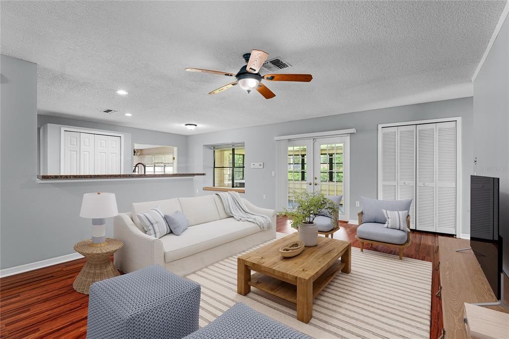 Interior, Living room, Recessed Lighting, Wood Texture Flooring