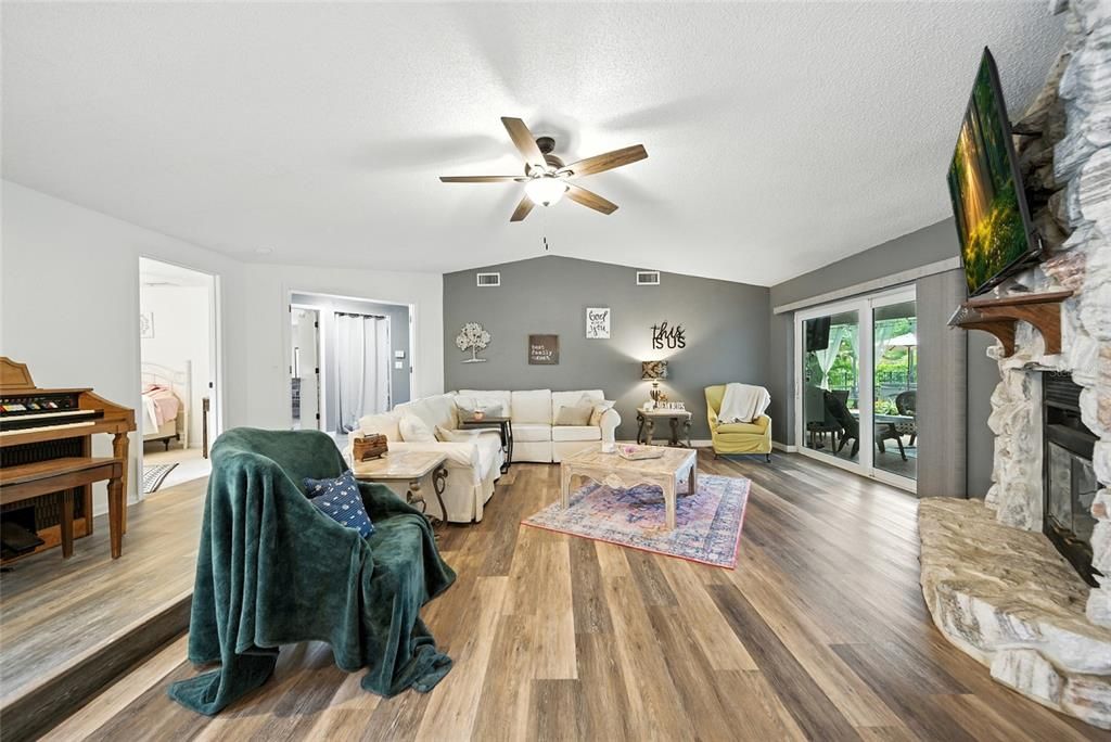 Fireplace, Interior, Living room, Piano, Wood Texture Flooring