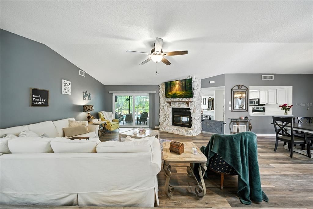 Dining room, Fireplace, Interior, Kitchen, Living room, Wood Texture Flooring