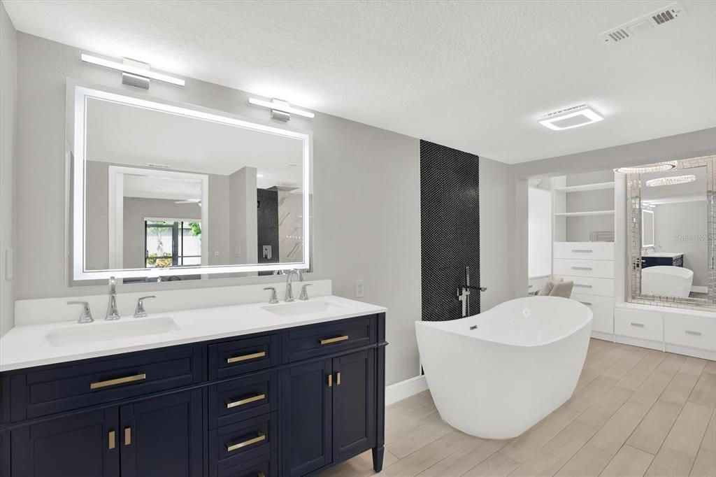 Bathroom, Dual Sink Vanities, Free Standing Baths, Interior, Wood Texture Flooring