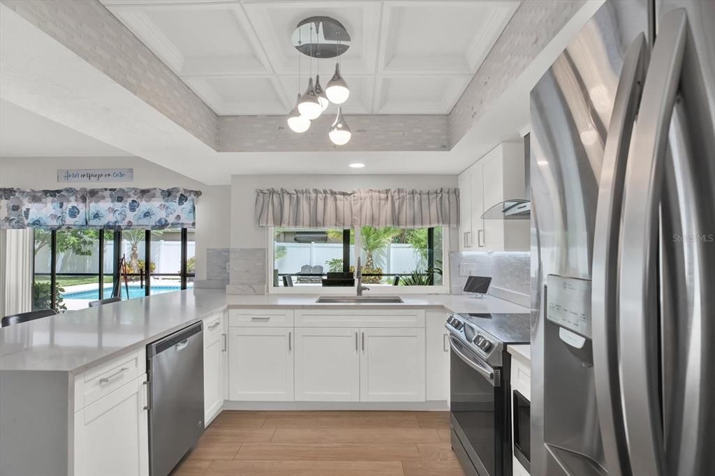 Interior, Kitchen, Pendant Lights, Recessed Lighting, Stainless Steel Appliances, Wood Texture Flooring