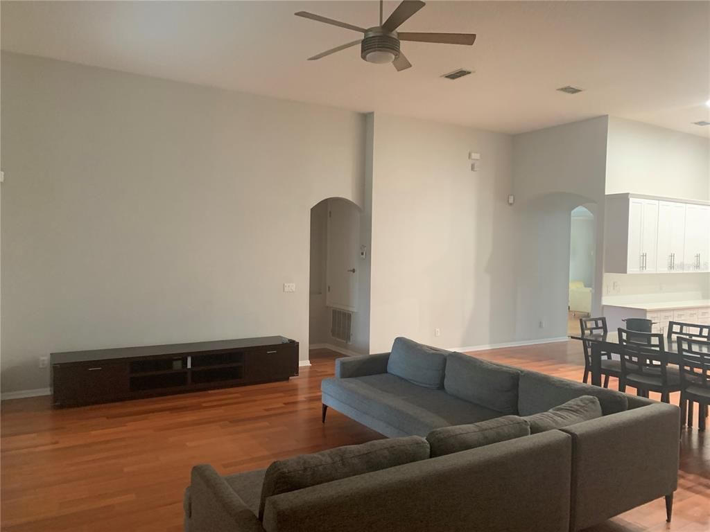Dining room, Interior, Living room, Recessed Lighting, Wood Texture Flooring