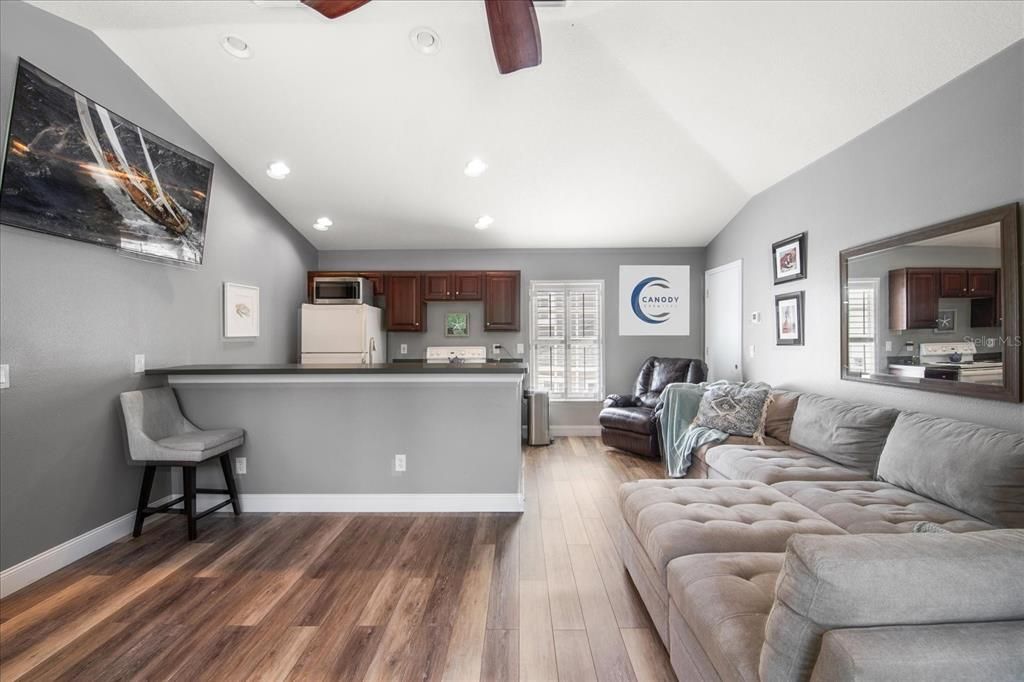 Interior, Kitchen, Living room, Recessed Lighting, Wood Texture Flooring