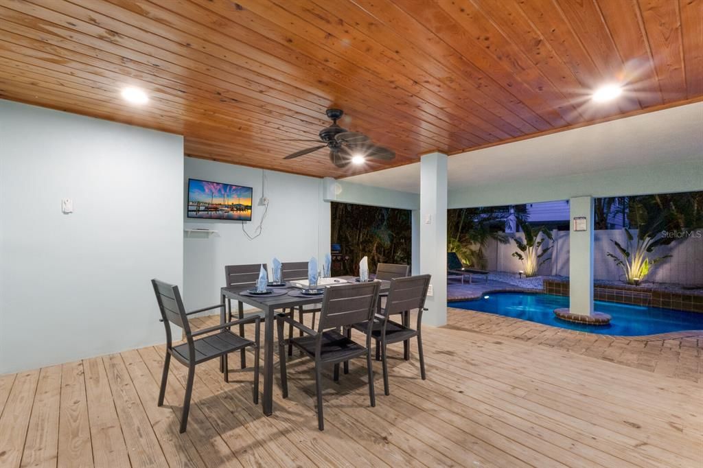 Dining room, Interior, Pool, Recessed Lighting, Wooden Ceilings, Wood Texture Flooring