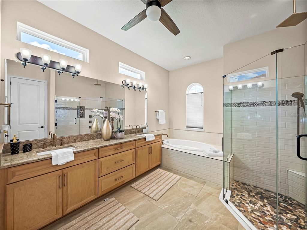 Bathroom, Dual Sink Vanities, Glass Shower, Interior, Recessed Lighting