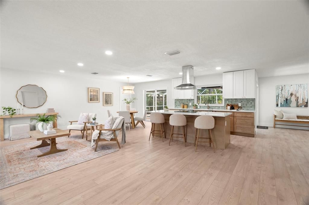 Dining room, Interior, Kitchen, Living room, Pendant Lights, Recessed Lighting, Wood Texture Flooring