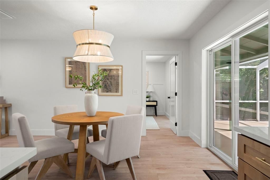 Dining room, Interior, Pendant Lights, Wood Texture Flooring